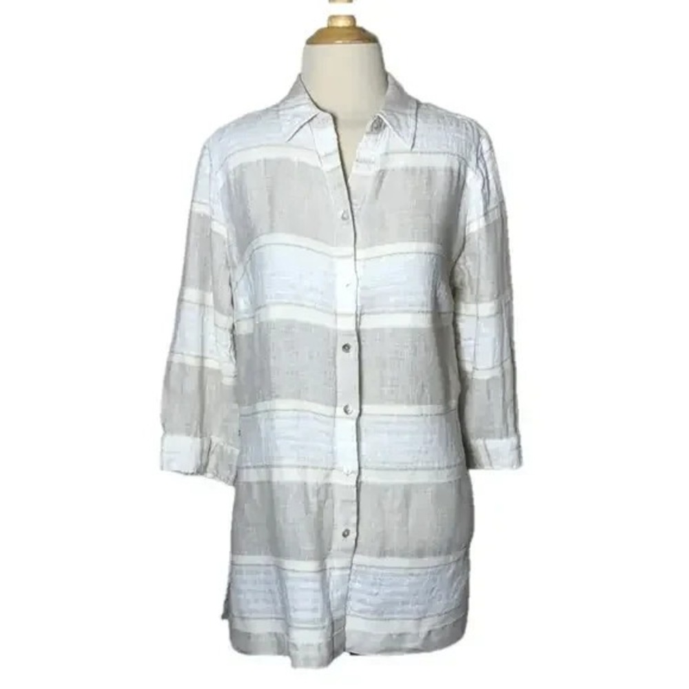 CHICO'S Women's 1X Linen Cotton Blend 3/4 Sleeve Button‎ Up Top Beachy Boho